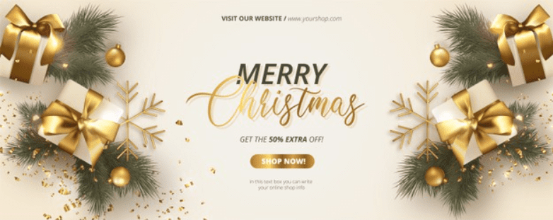 Realistic Christmas banner with white and gold decoration