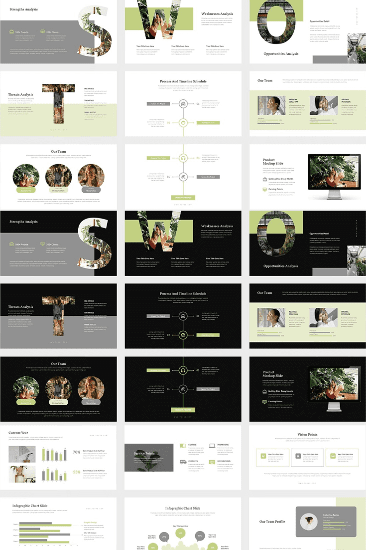 Collage of presentation pages in black and light green tones.