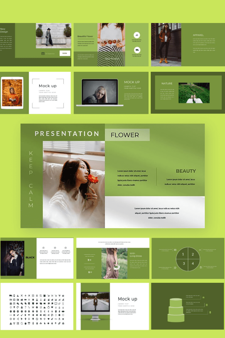 Collage of presentation pages in vibrant green colors.