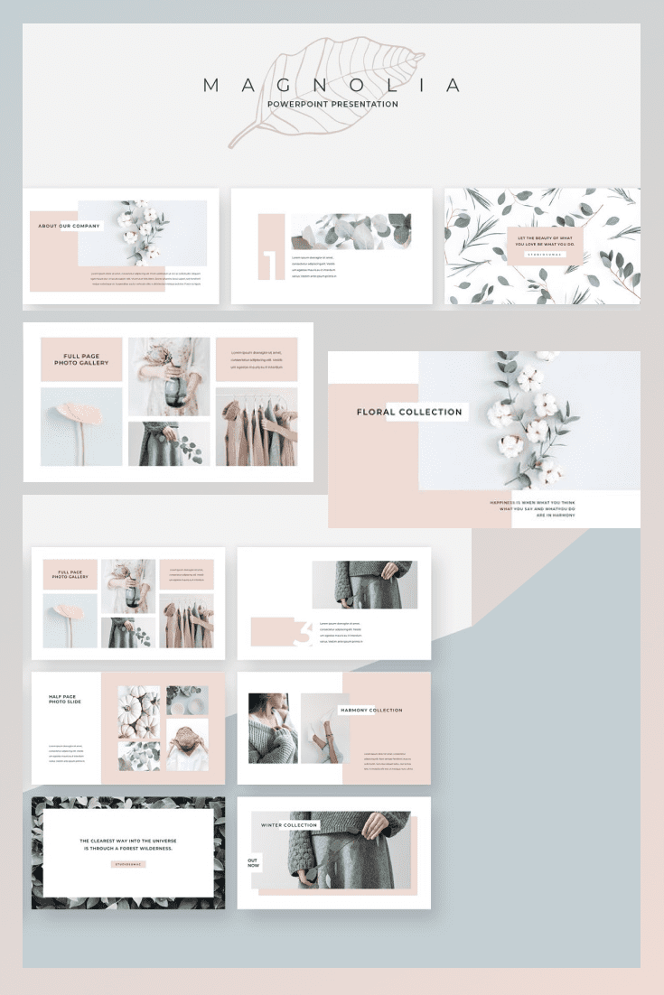 Collage of presentation pages in delicate pastel colors with photos.