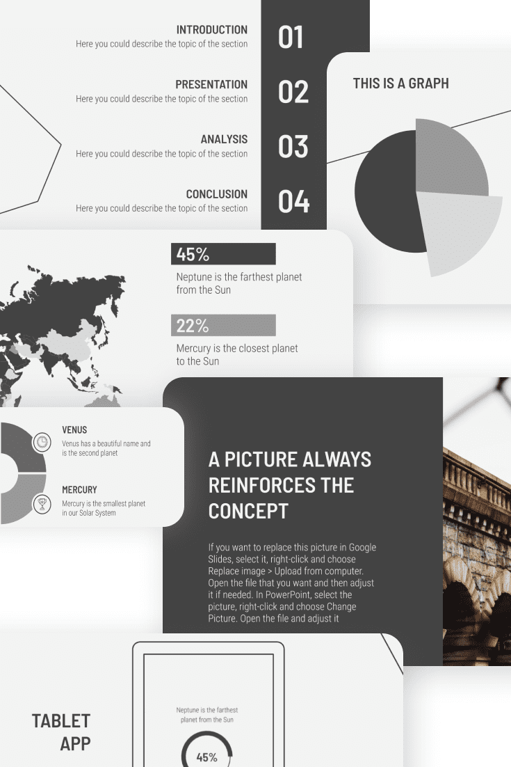 Collage of presentation pages with infographics in gray colors.