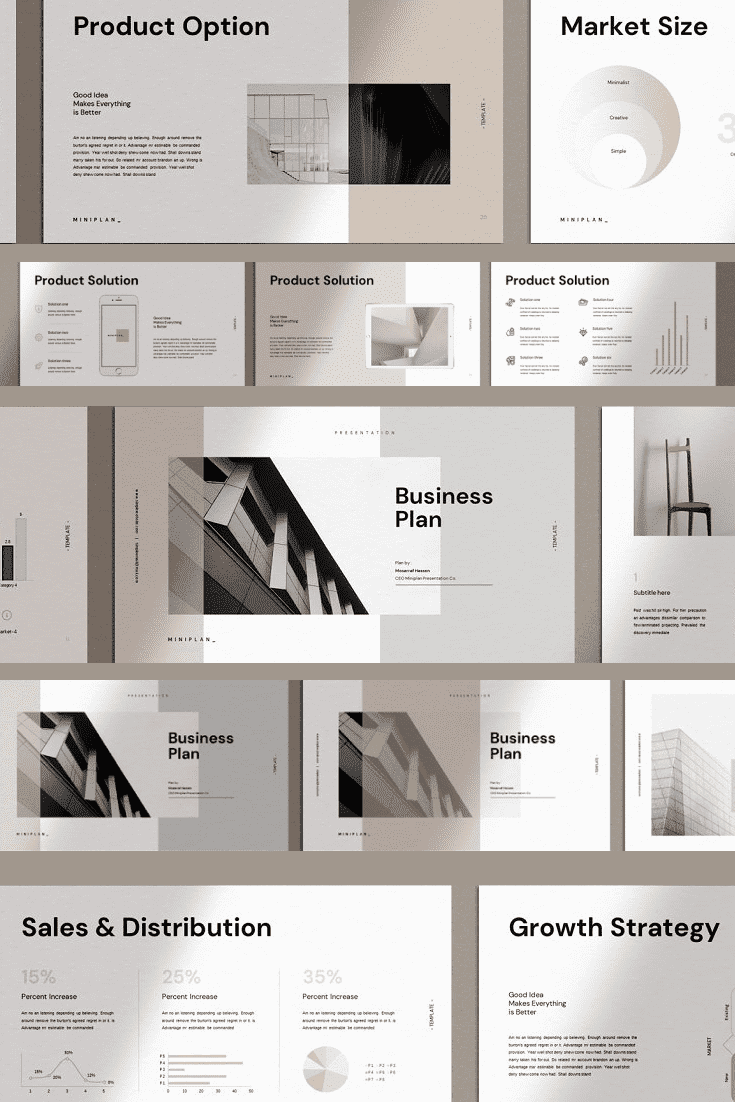 Mix of presentation pages in a minimalist design.