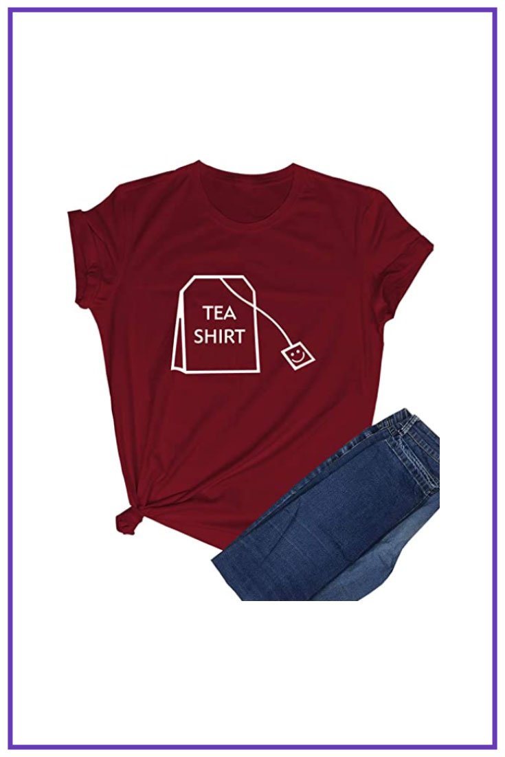 Burgundy T-shirt with a white tea bag graphic on the chest.