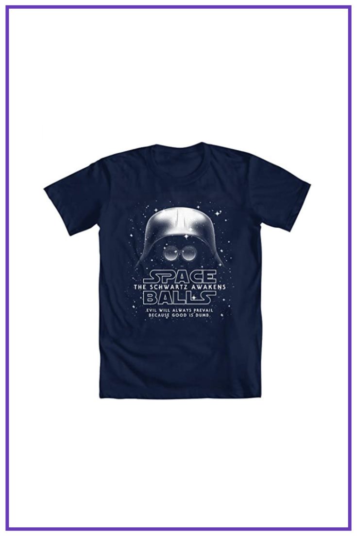 Blue T-shirt with Darth Vader helmet.