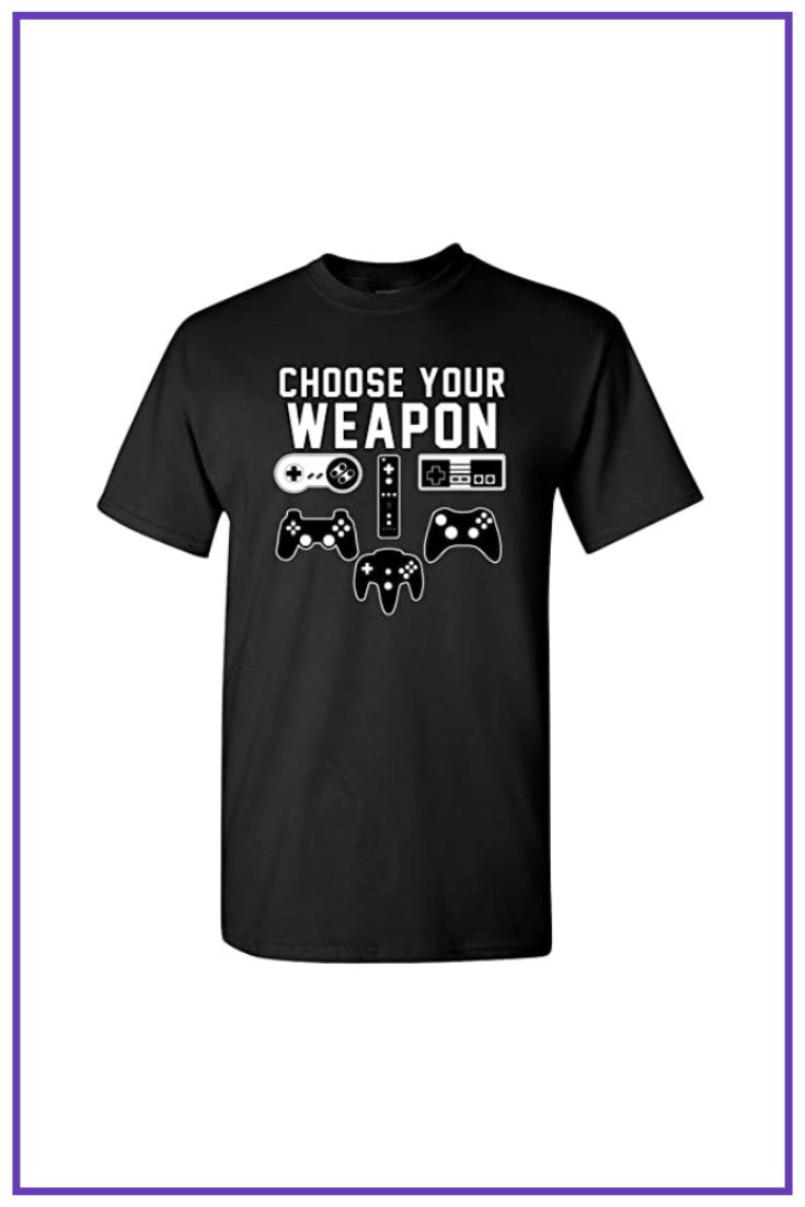 T-shirt with painted joysticks from different game consoles.