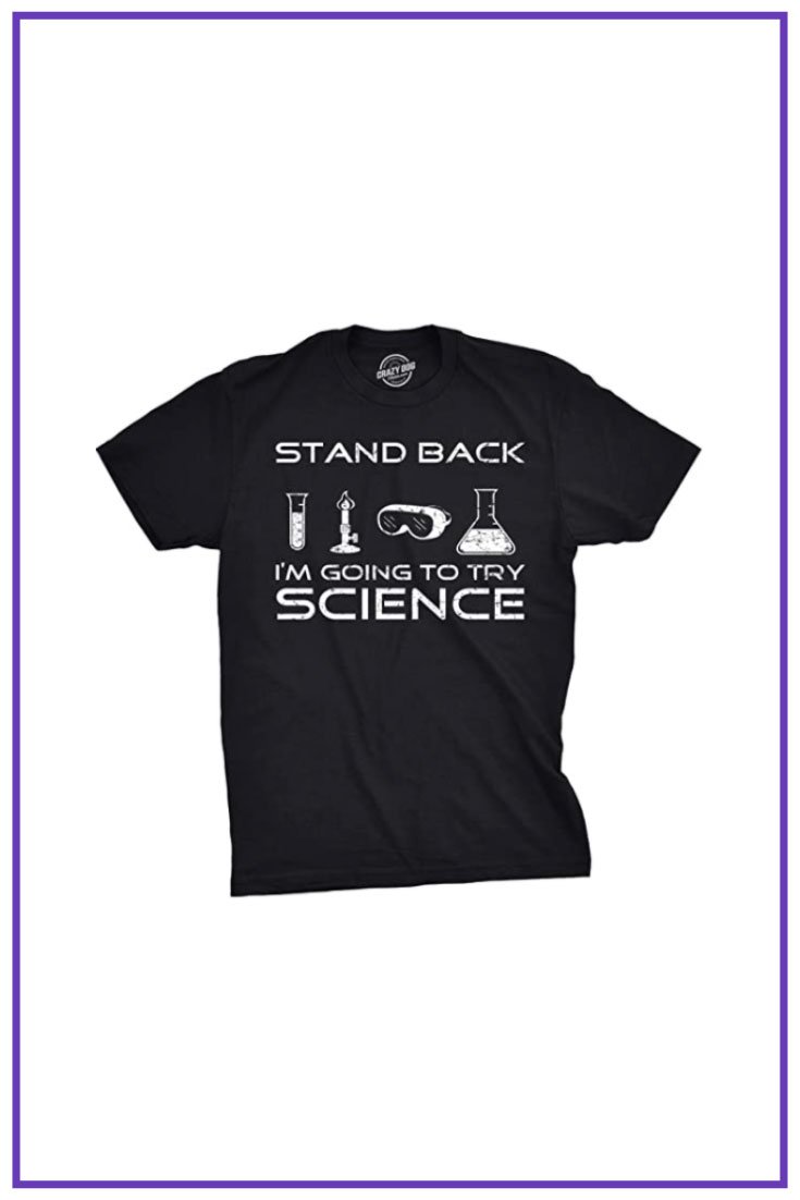 Black T-shirt with white text and test tubes.