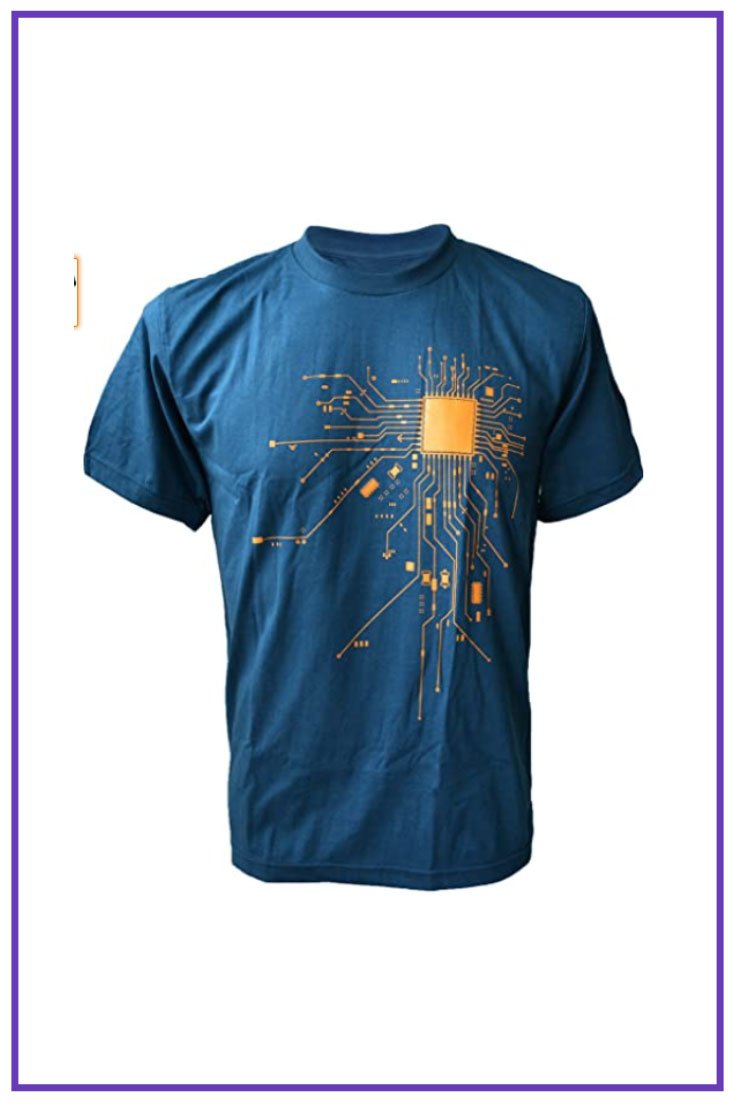 Blue t-shirt with orange chip design.