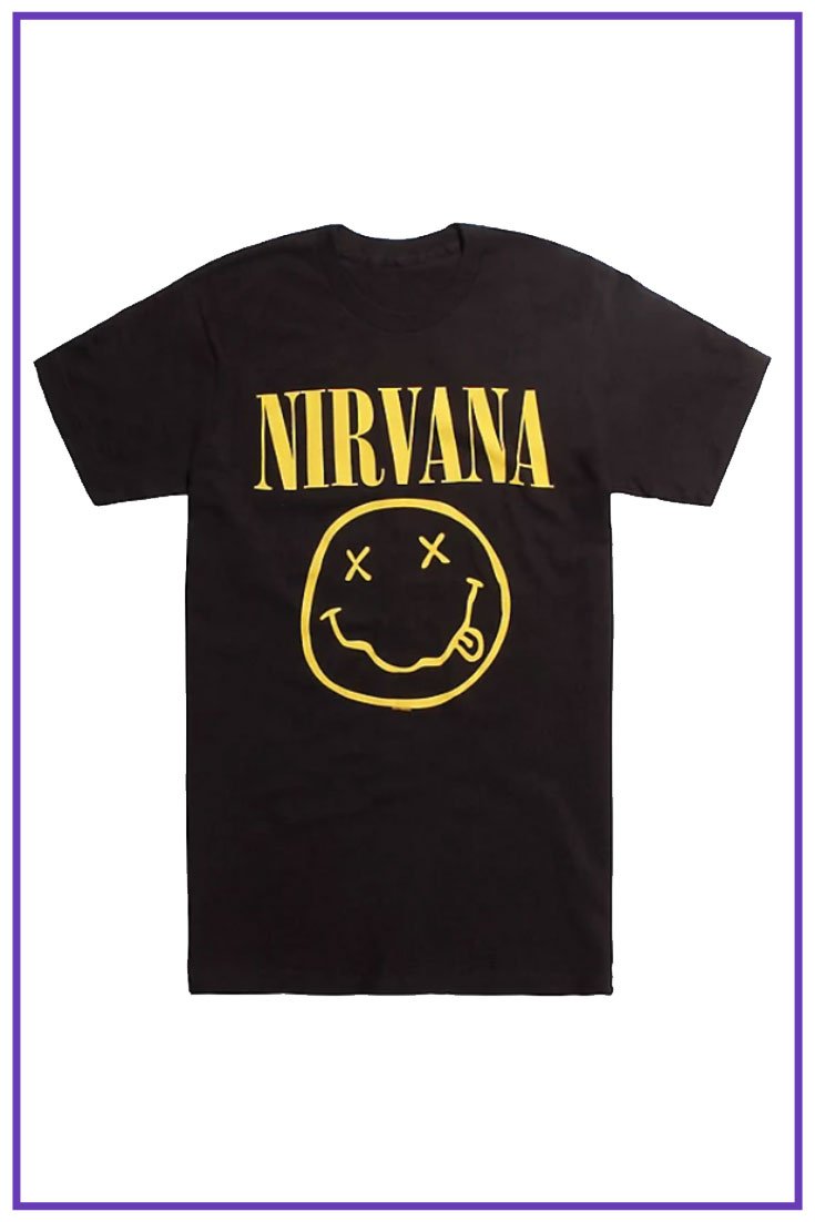 Yellow Nirvana smiley face on black t-shirt.