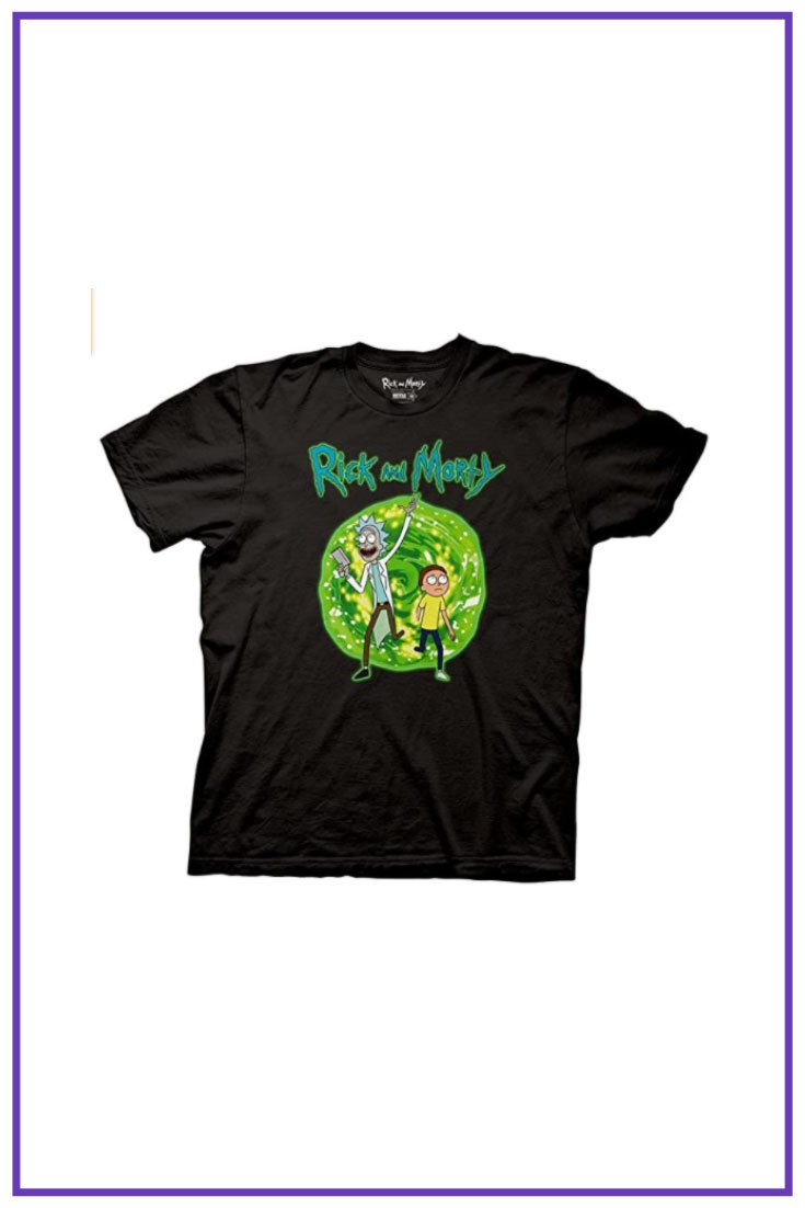 Black t-shirt with ricky and morty on green circle background.