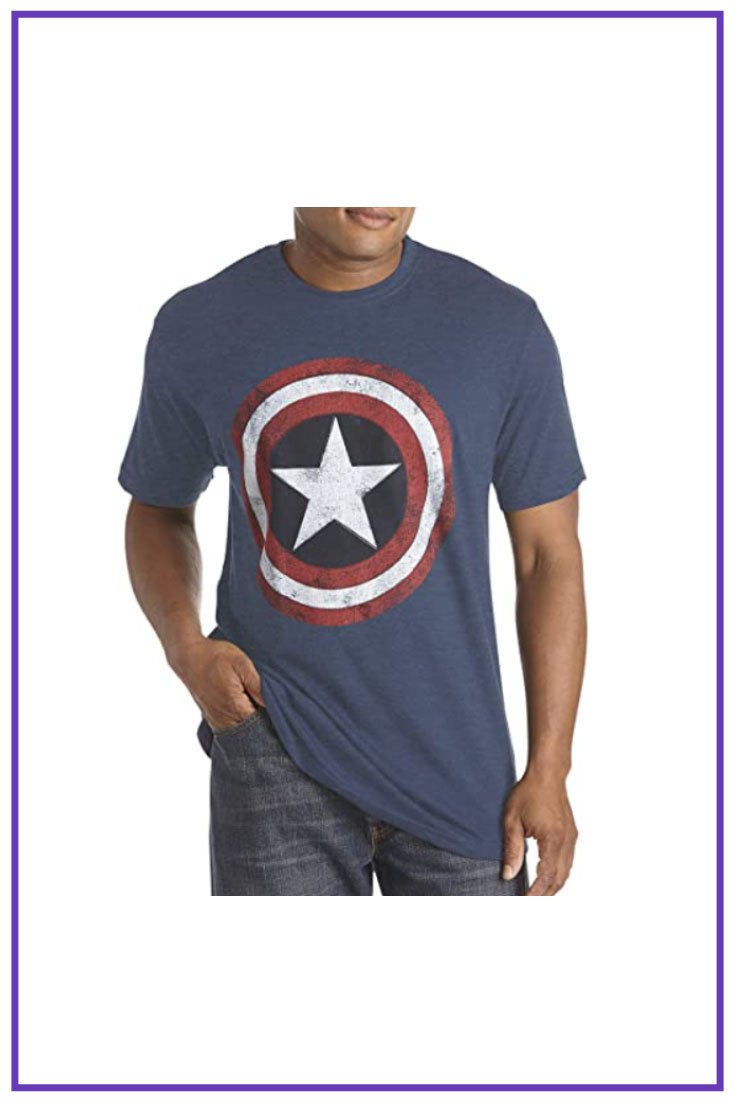 A guy in a blue t-shirt with Captain America's shield on his chest.