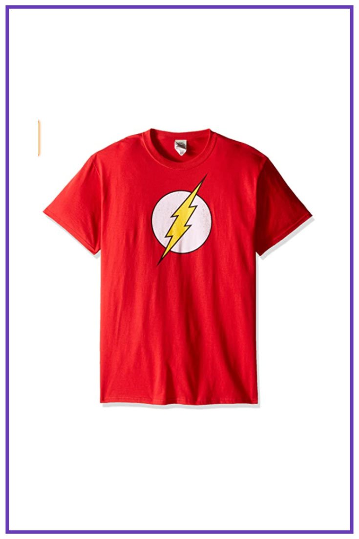 Red T-shirt with the Flash symbol on the chest.