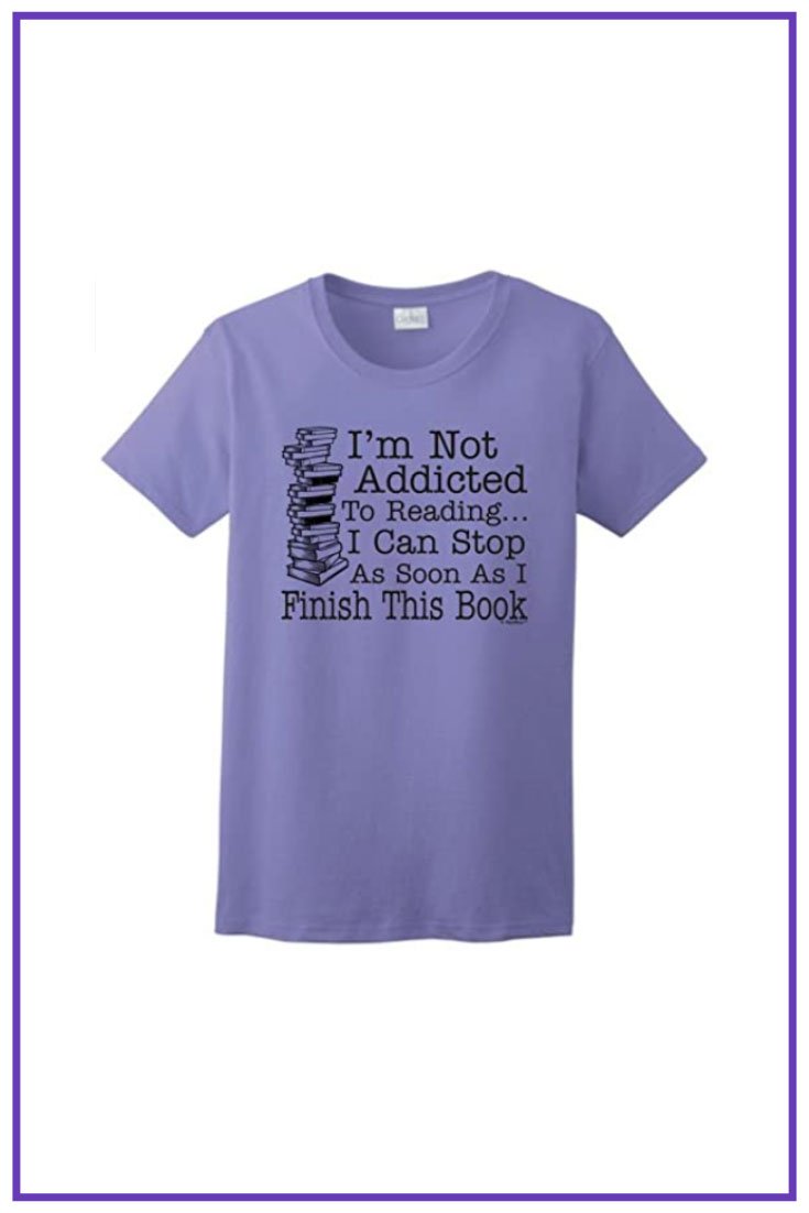 Purple T-shirt with a funny inscription about books.