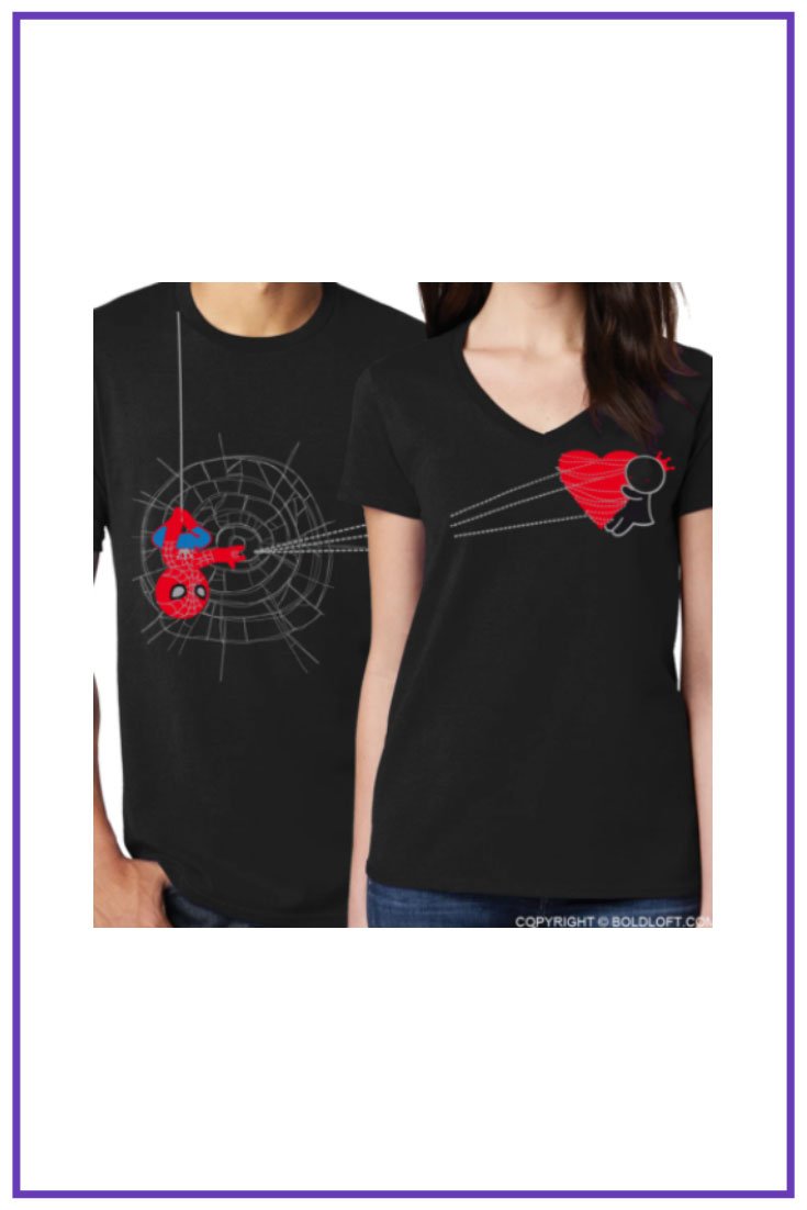 BoldLoft Couple Shirts - You've Captured My Heart Spider Web Super Hero Matching Couple Shirts Black