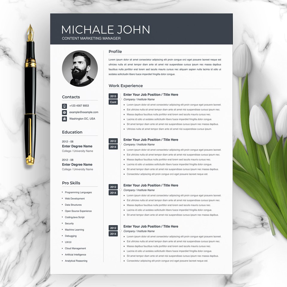 A general view of the template. Resume Word Marketing Resume.