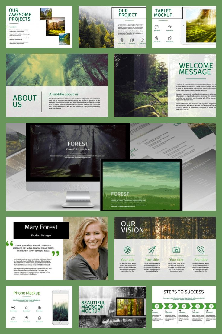 Unique Forest Slides – PowerPoint Template. Collage image.