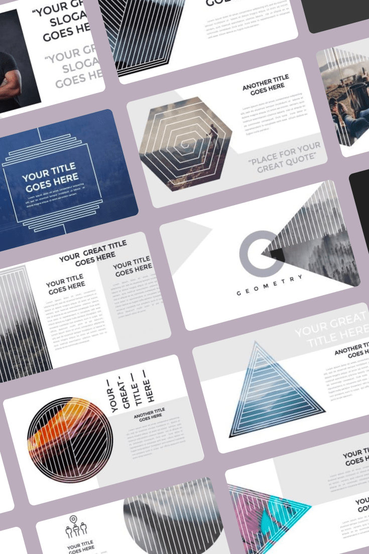 Collage of presentation pages with geometric shapes.