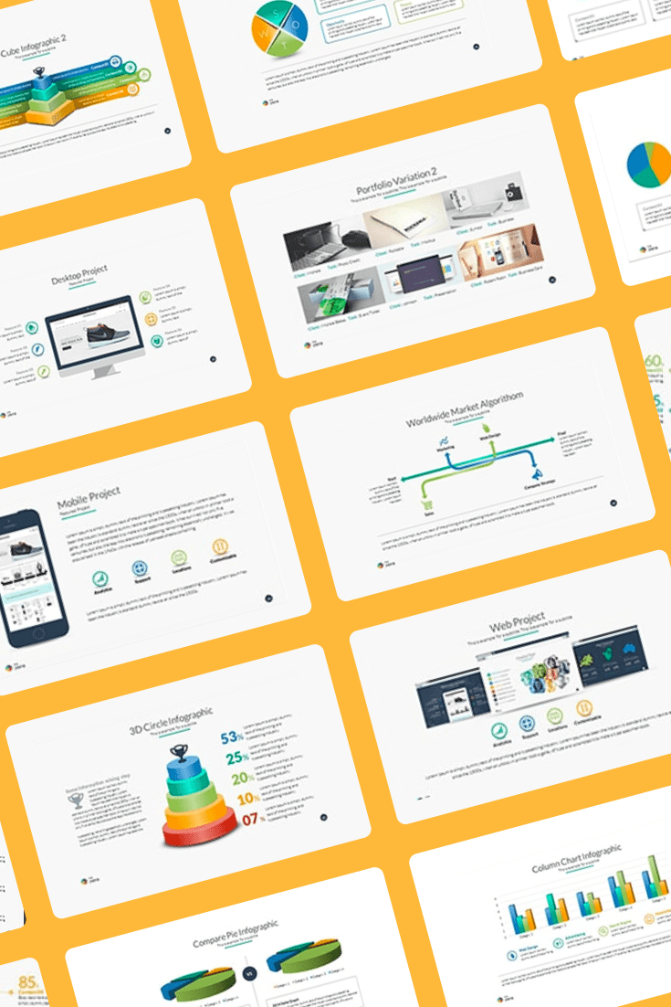 Collage of slide images with infographics.