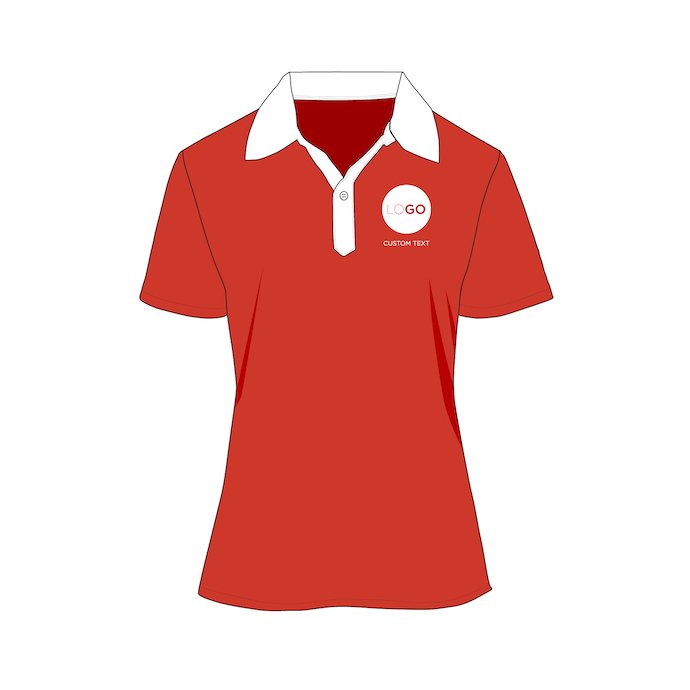 Polo shirt in red with white collar and logo.