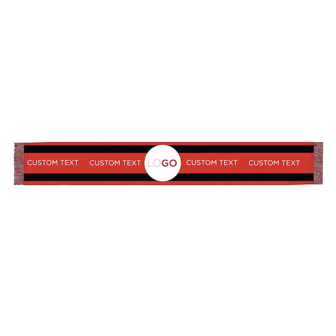 Red scarf with fringed sides. You can place the logo anywhere and add text.