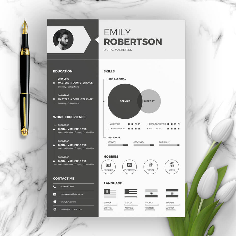 Black and white template with flexible design. You decide which color scheme and font to choose.
