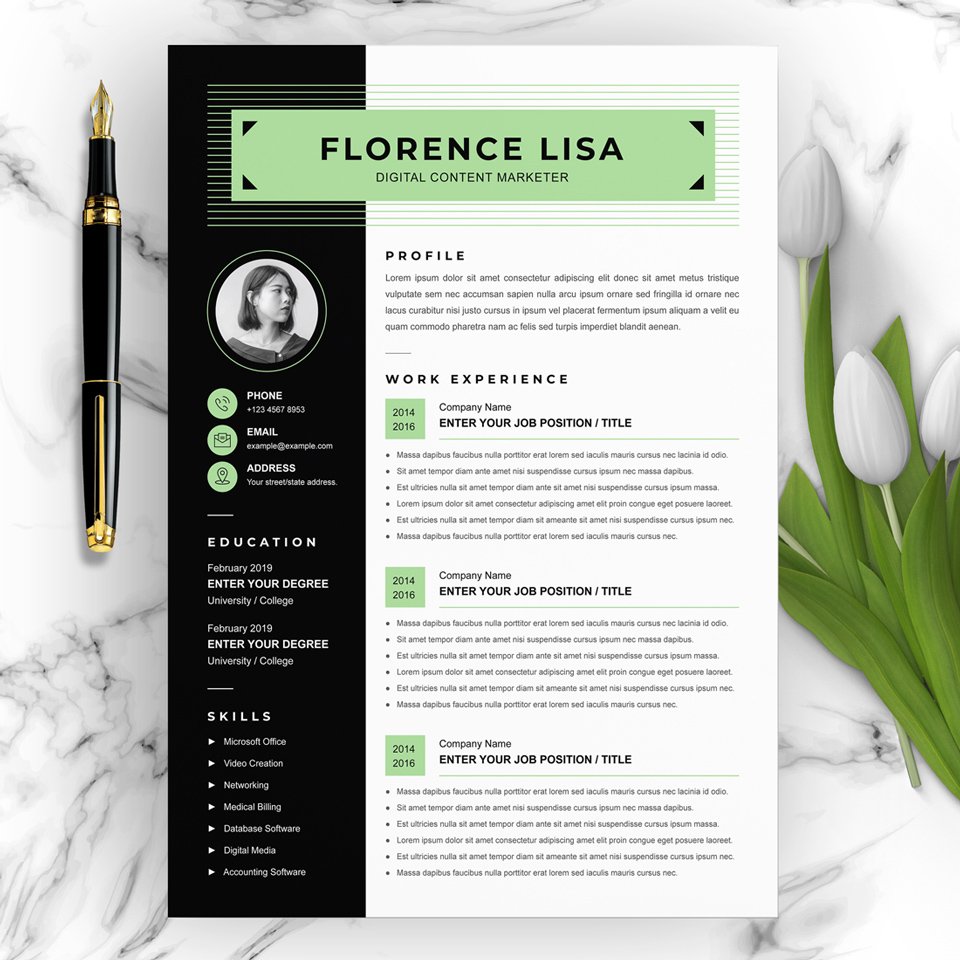 A general view of the template. Digital Content Marketer Resume Template.