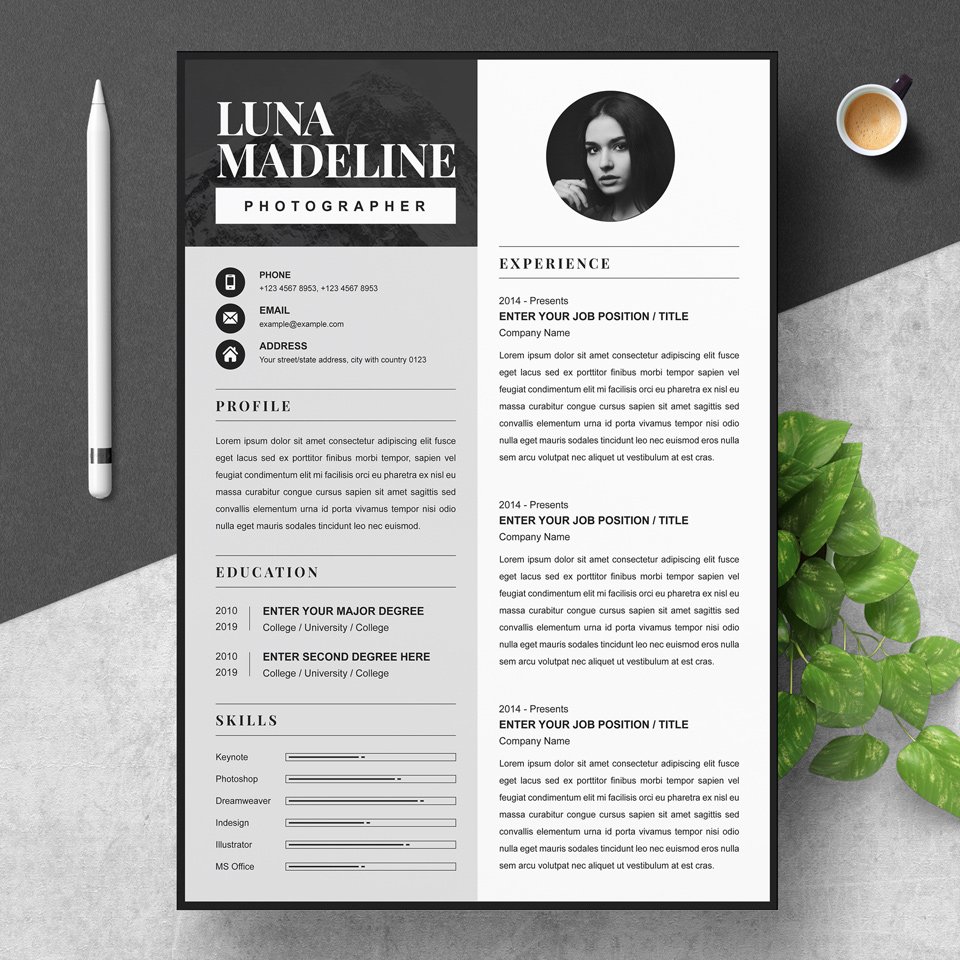 A general view of the template. Photographer Resume Template.
