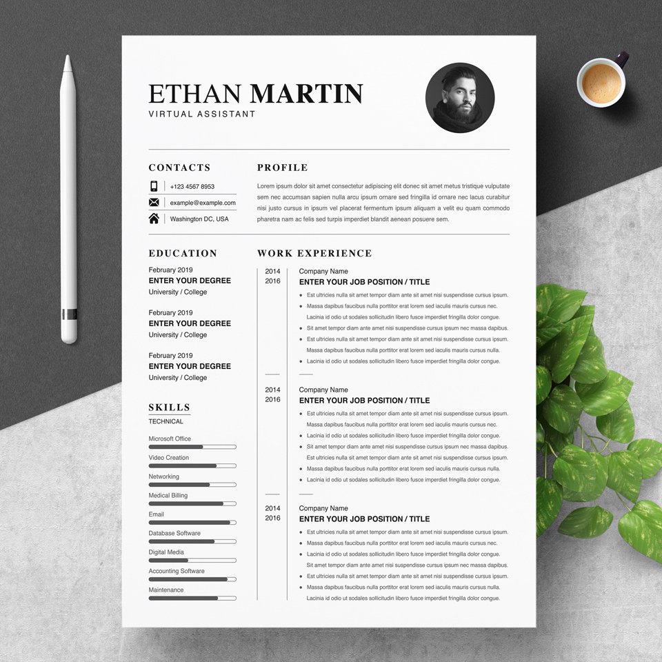 A general view of the template. Virtual Assistant Resume.