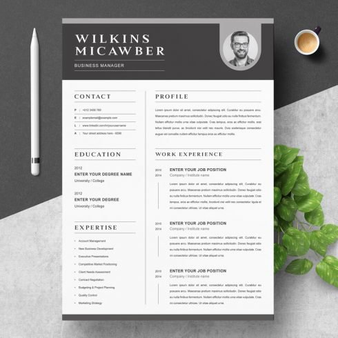 Professional resume template with a green plant.