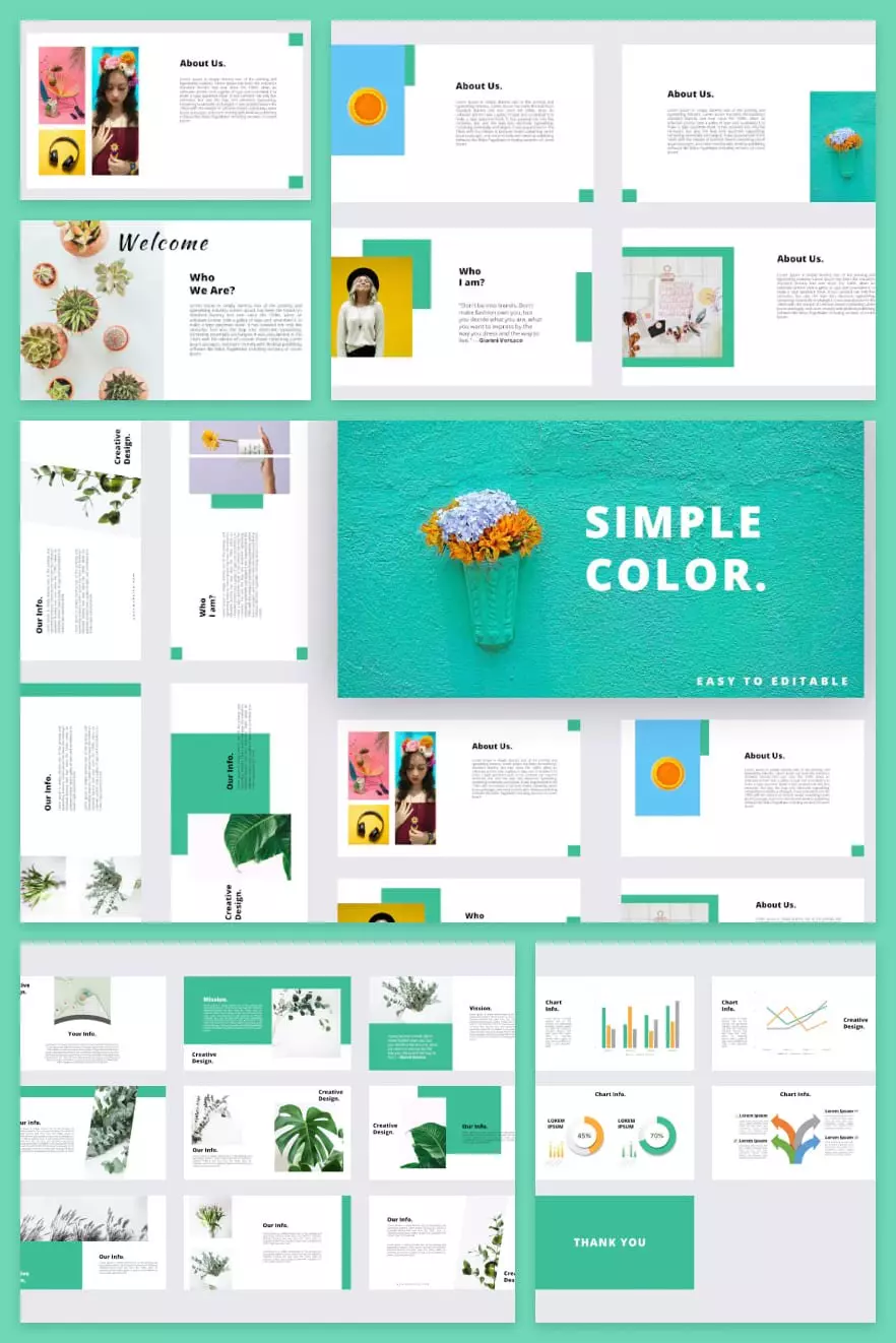 Volumetric template in turquoise color. It brings spring and freshness from it. Consists of text and infographics. Convenient business solution.