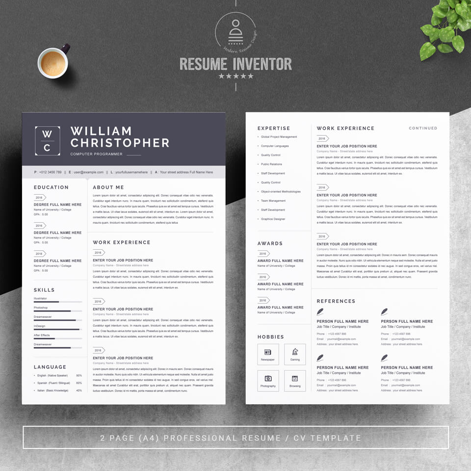 Concise and stylish resume template. Here are the first pages showing basic data.