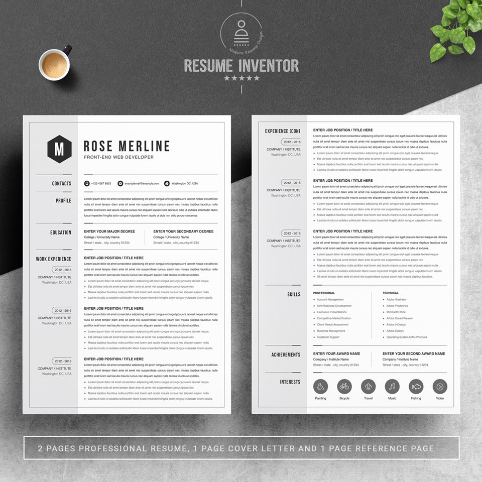Two pages of resume. Front Developer Resume Template.