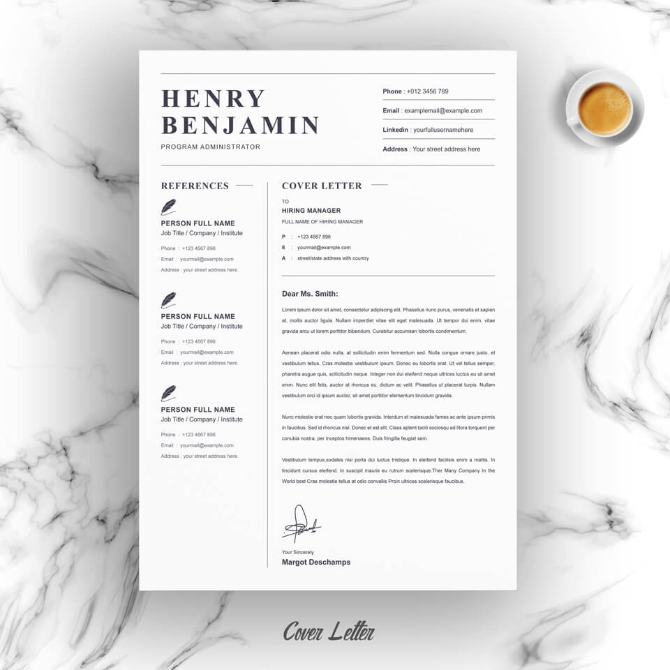 Clean and modern resume template on a marble background.