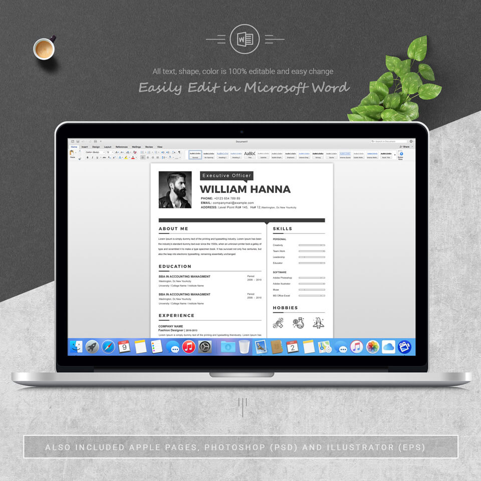 Computer screen for understanding what the full version of the resume template looks like.