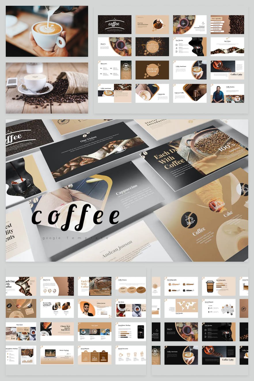 This theme is perfect for coffee lovers. The warm colors of the template convey the scent of this aromatic drink. With such a presentation, you will be able to create a special atmosphere.