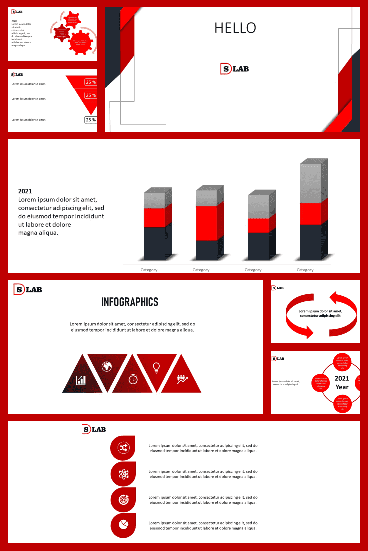 Red, white, black. Almost a classic, if not for the modern infographic elements. With a template like this, your audience won't get bored.