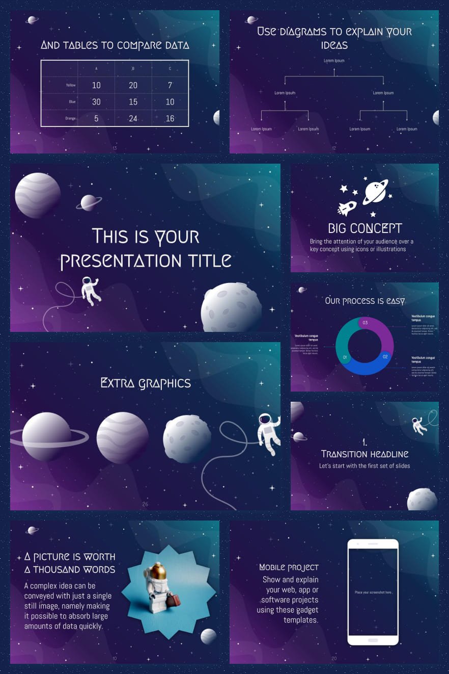 Deep purple and blue create a mysterious template palette. The space theme is relevant and fresh. You always want to learn about her as much as possible. And with a flexible design, you can customize the highlights in your style.