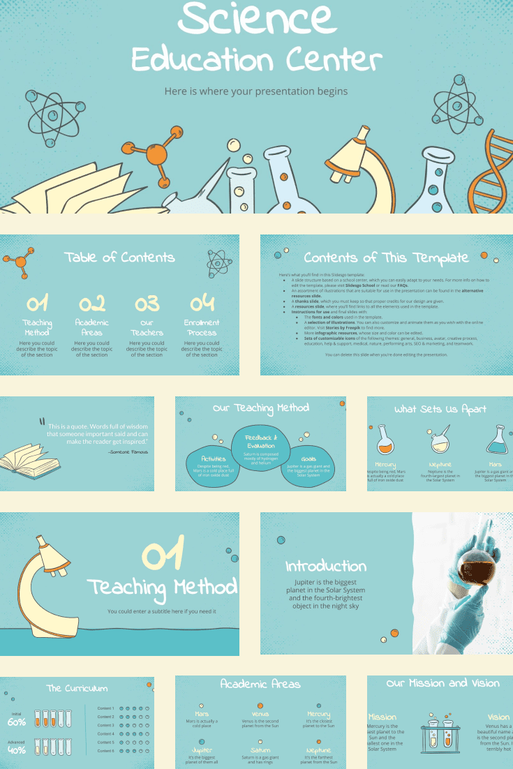 An aquamarine template with a simple presentation of information. This is a great option for a school or training center.