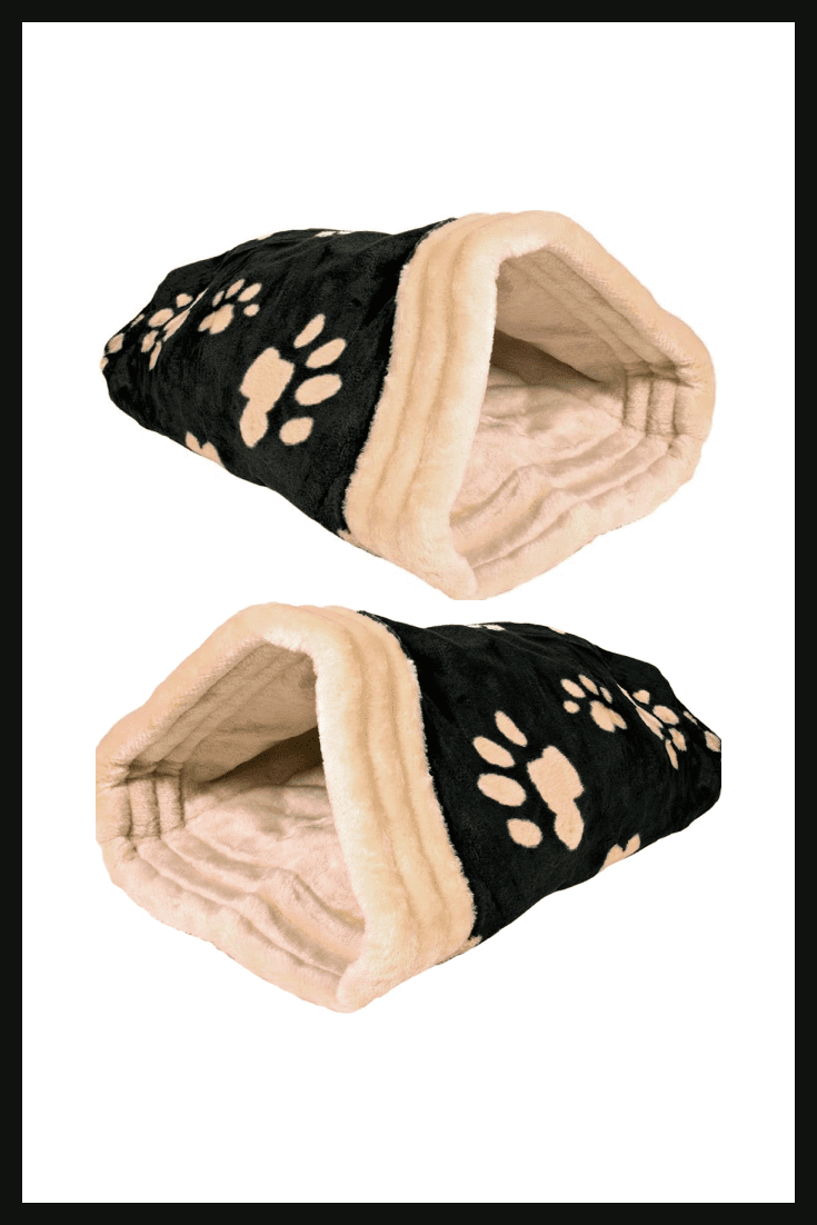 Plush house for cats. It is dark in color with beige paw prints. Your cat will definitely like this gift.
