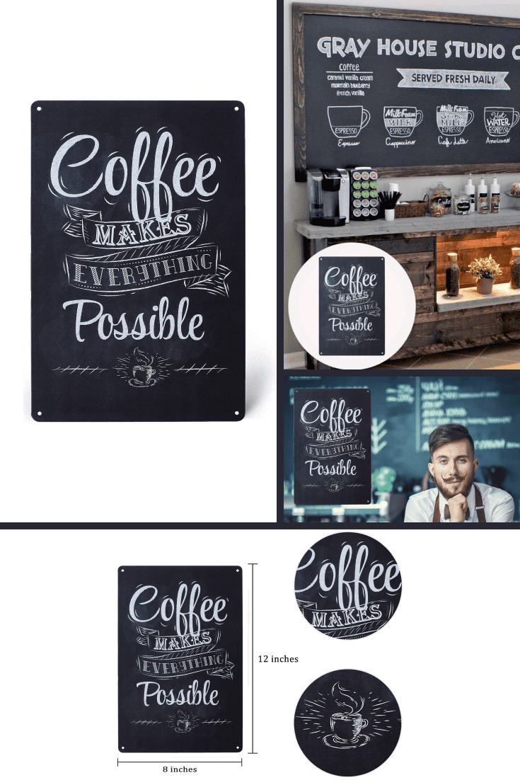 Poster in the form of a board with the inscription about coffee. This is a good idea for a cafe or wall decor.