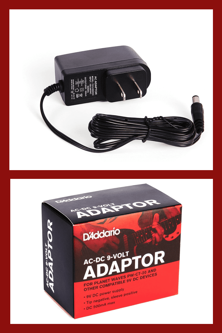 The adaptor converts AC wall power to 9-volt DC for powering most instrument pedals and other 9-volt battery devices.