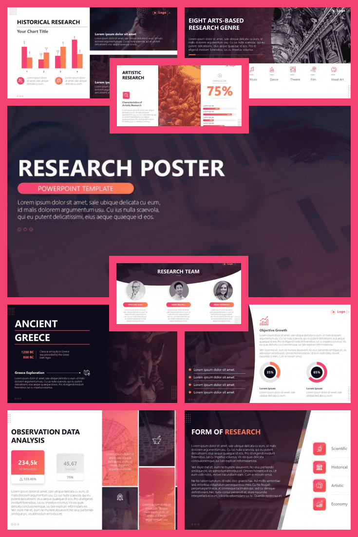 This template will make your presentation stand out from everyone in the scientific community. Cherry hue and colorful infographic would be a great design for your topic.