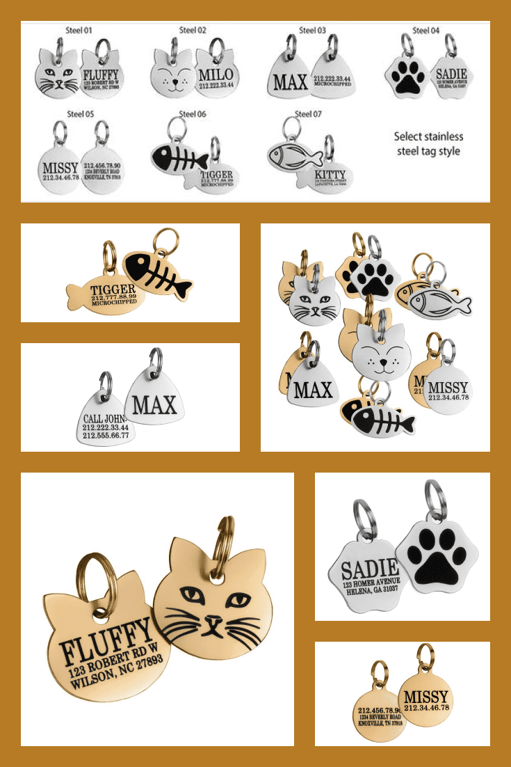 Fancy and stylish collar badges. With them, you can not worry about losing a cat, because each icon indicates the name and address of the animal. An excellent gift for cat lovers who live in private homes.