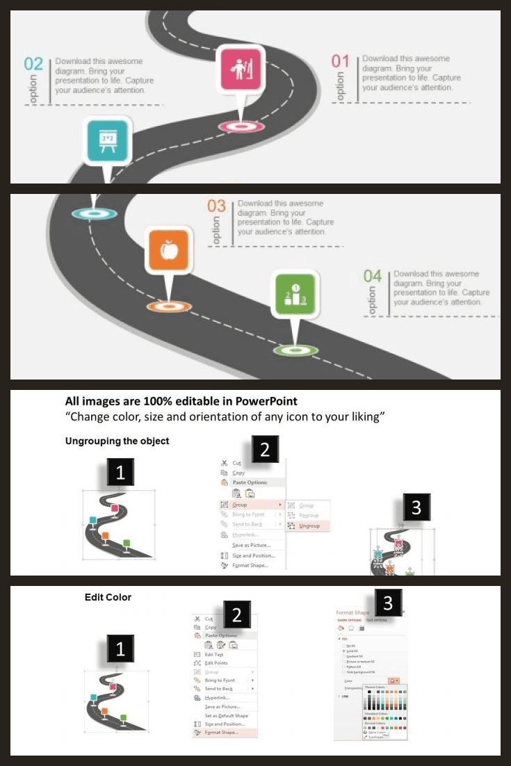 Gray will not be boring if diluted with bright icons. Here you will be able to display all stages of the project in the best possible way.