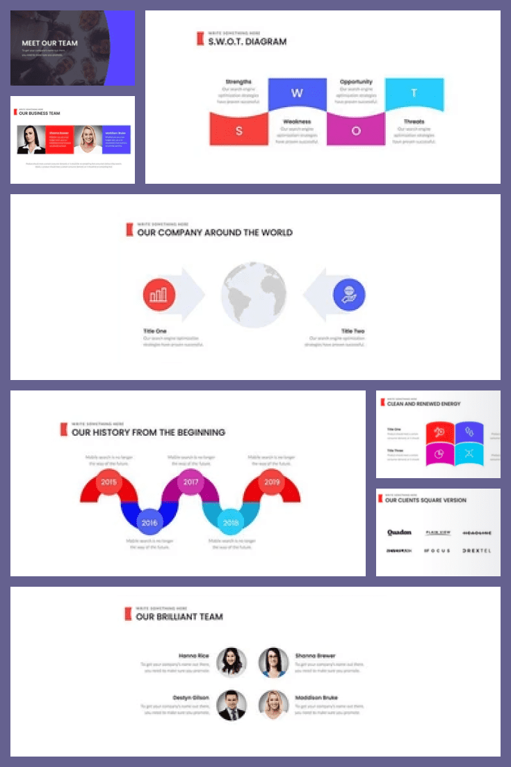 Simple and stylish business presentation. Here the highlights are highlighted in bright colors. You will be able to show the main tasks and results of the project.