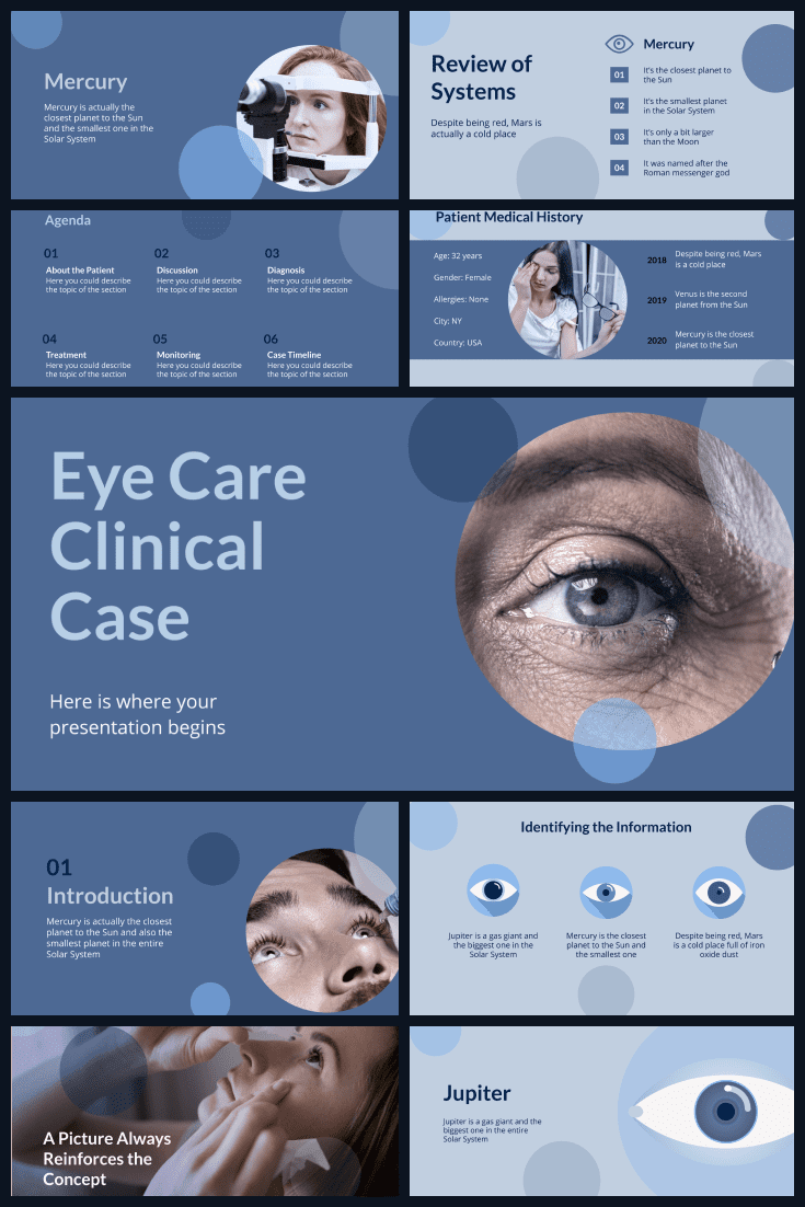 The deep blue color of this template conquers from the first minute and looks right through you. This theme would be a great option for ophthalmic presentations.