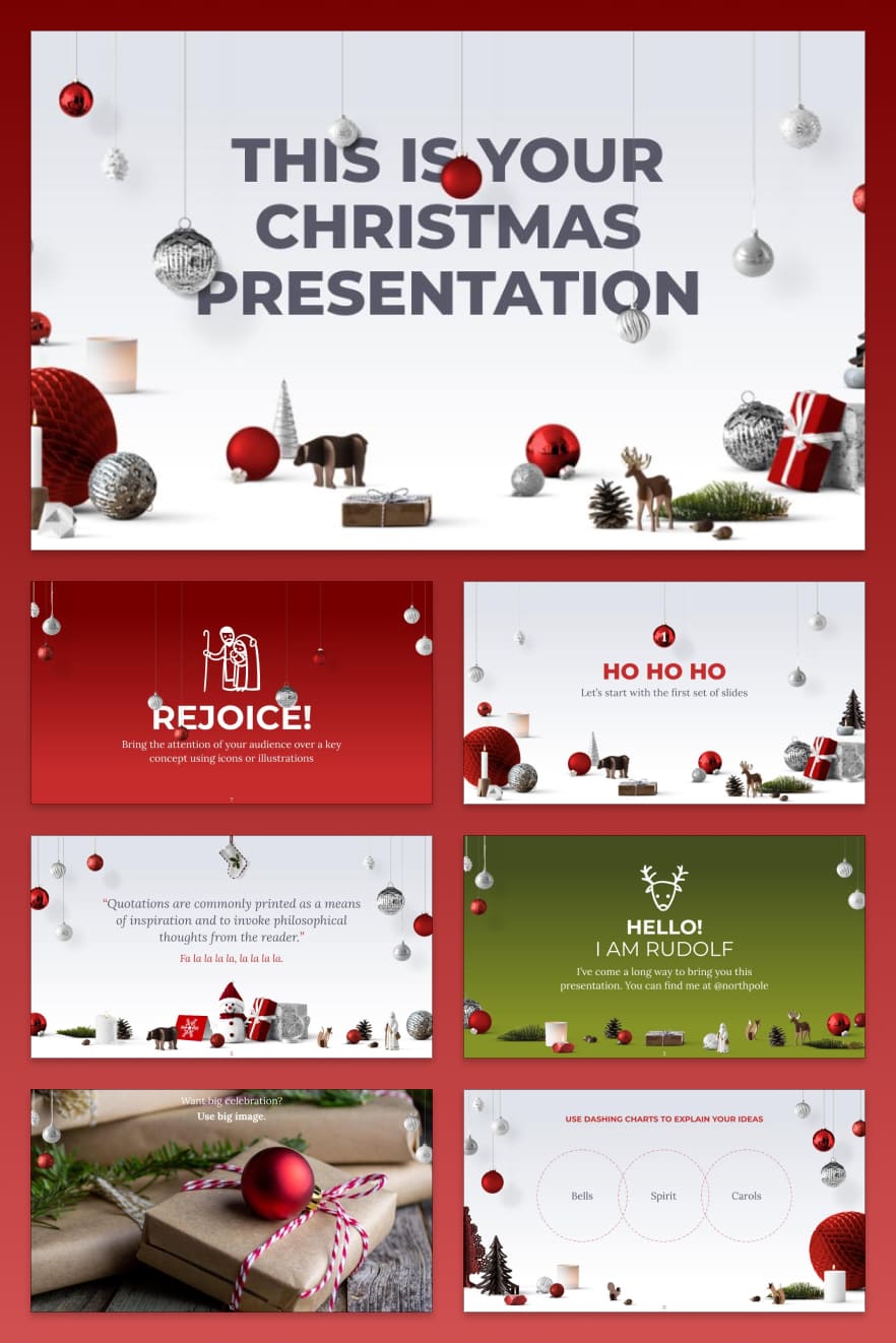 This stylish Christmas template in red will add some celebration to your presentation. It can be used for both annual and quarterly reports.