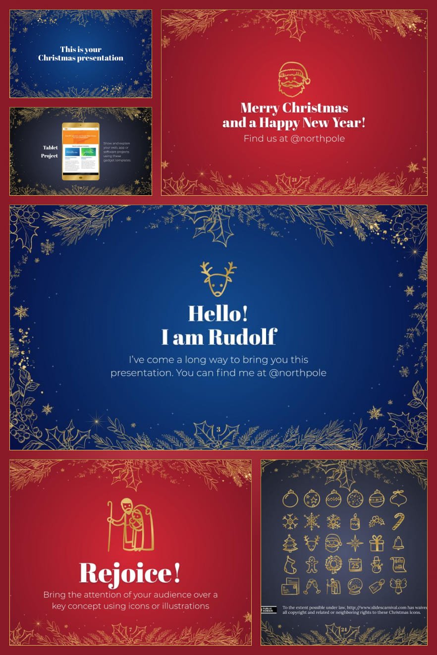 All Christmas elements are present in this template. The predominantly red color emphasizes the importance of the event and presentation. This theme will optimize the space in your presentation for the most convenient communication of information.