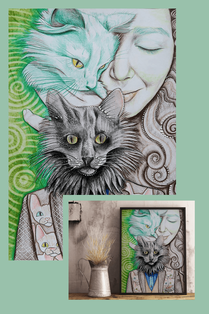 Painting in a graphic style is trendy and modern. And for cat lovers, special elements have been added to emphasize the human affection for these animals.