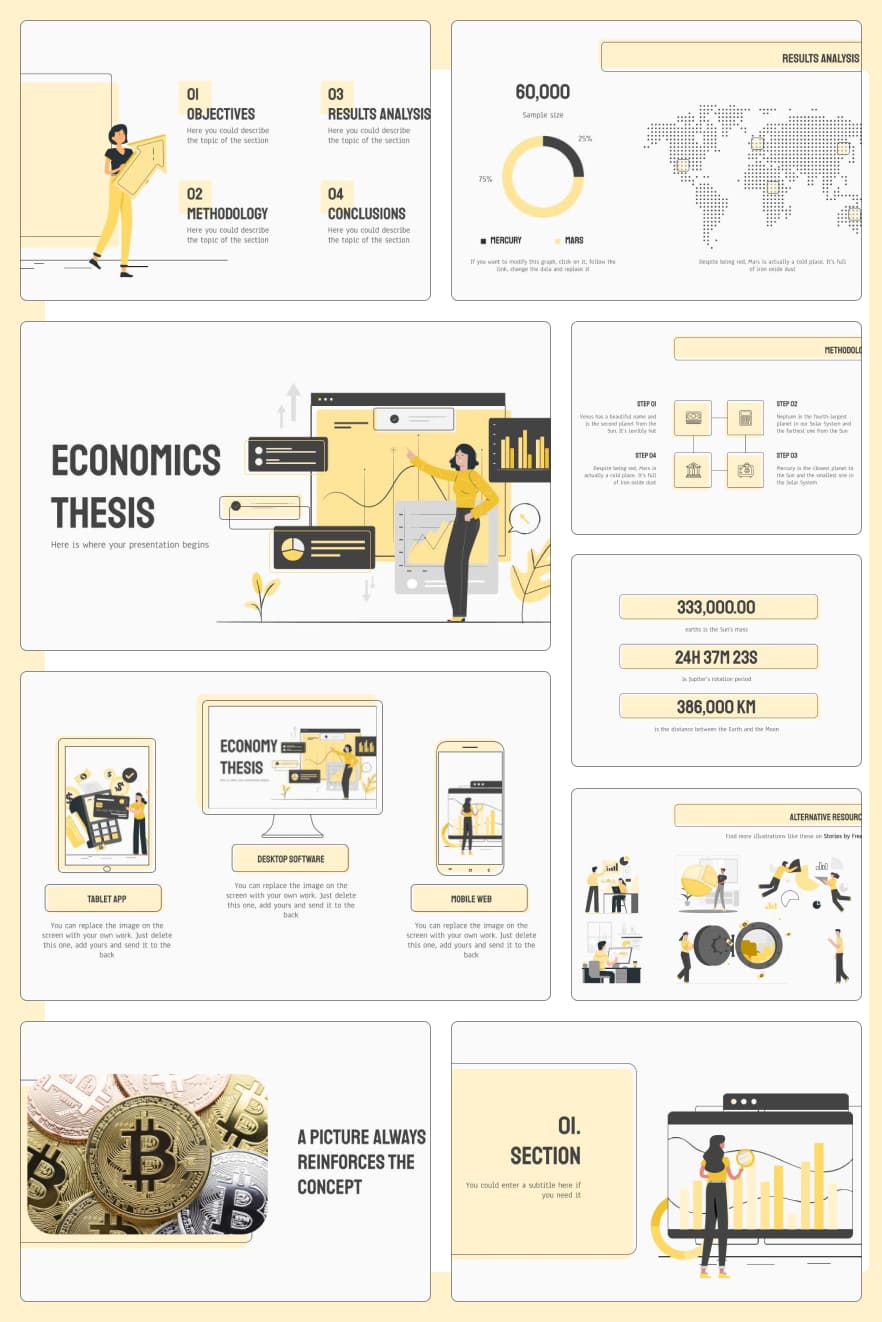 Vanilla color and blocky accents make this template versatile for different businesses. More infographics make it possible to convey information to listeners in the simplest way.