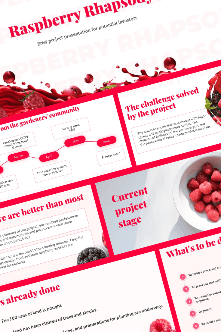 A berry theme with a predominant fuchsia color. She inspires and empowers. An original and flexible design will brighten up your presentation.